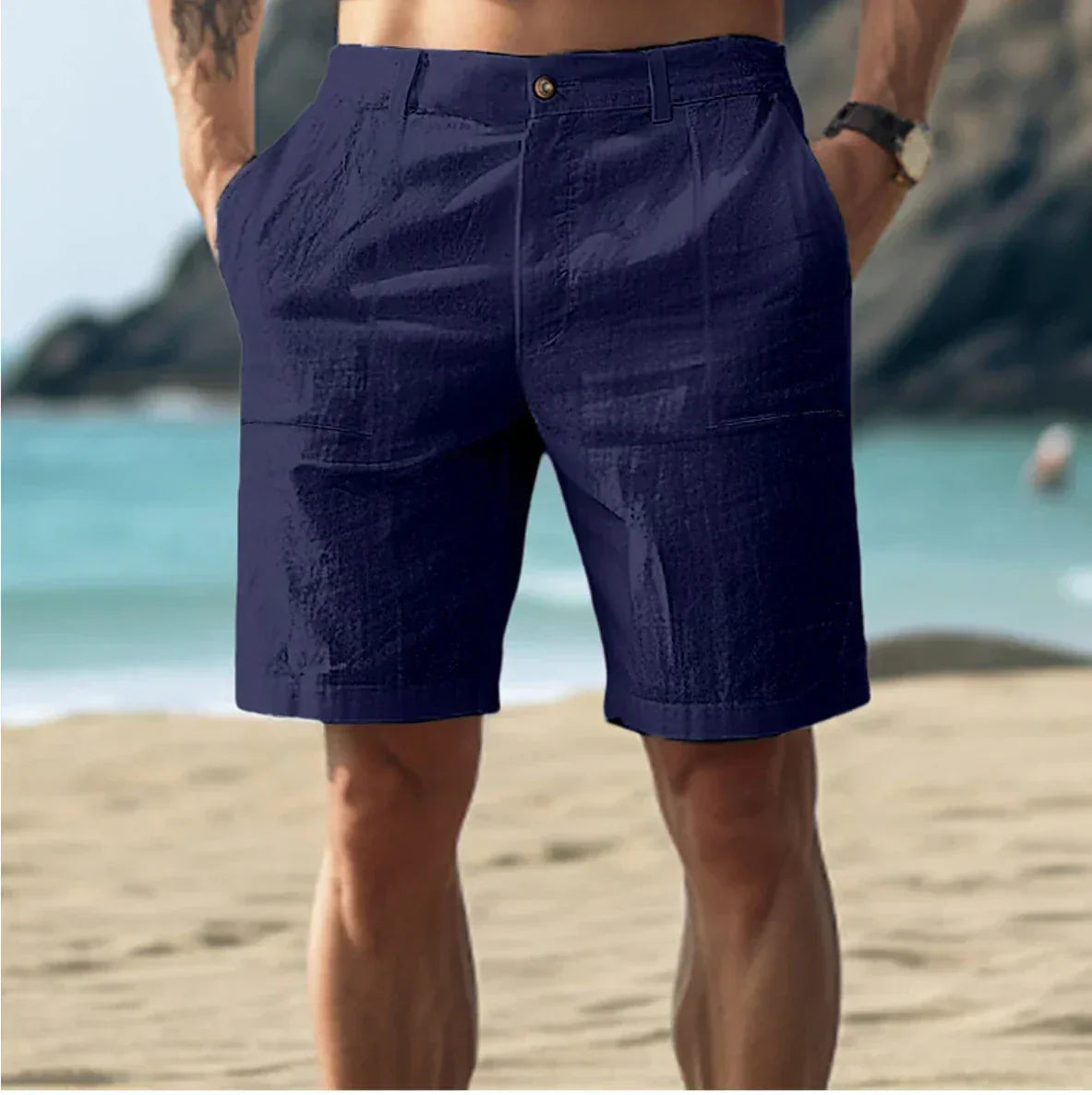 Men's Casual Shorts with Side Pockets and Button-Zip Closure