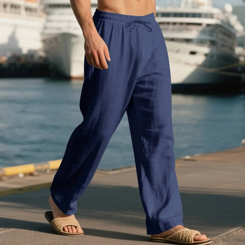 Men's Casual Straight Leg Trousers with Elastic Drawstring Waist and Deep Pockets