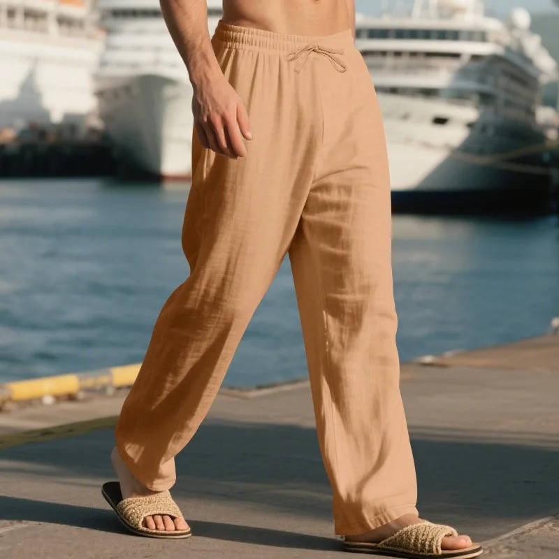 Men's Casual Straight Leg Trousers with Elastic Drawstring Waist and Deep Pockets