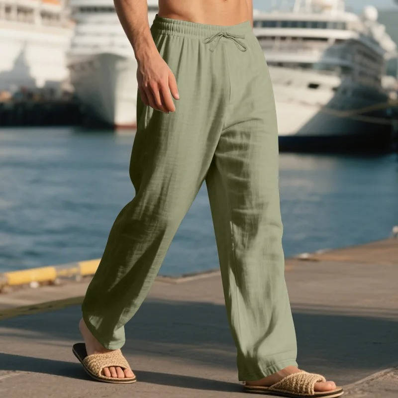 Men's Casual Straight Leg Trousers with Elastic Drawstring Waist and Deep Pockets