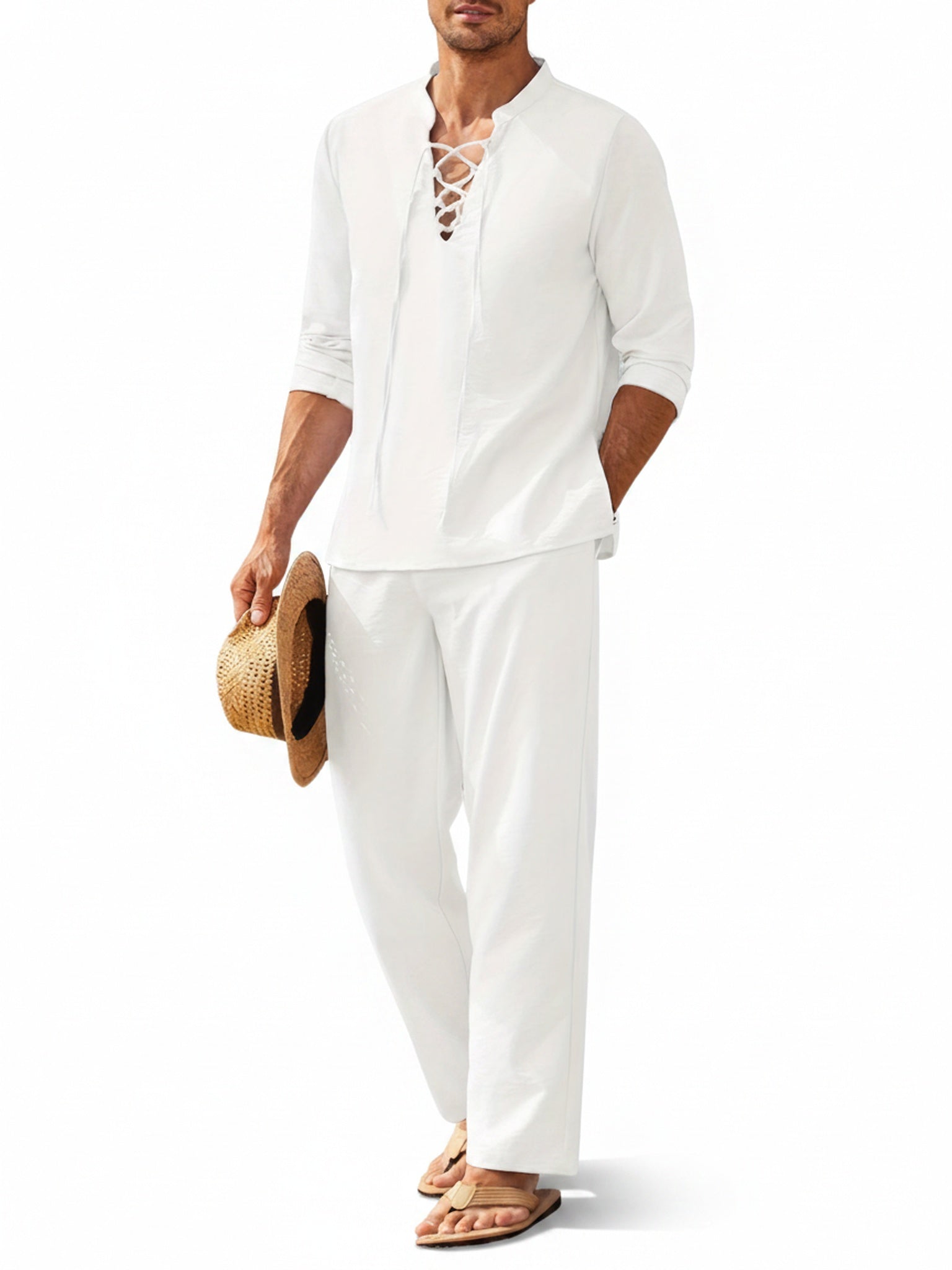 Men's Casual Two-Piece Set with Long Sleeves and Lace-Up V-Neck