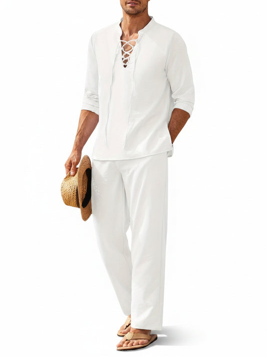 Men's Casual Two-Piece Set with Long Sleeves and Lace-Up V-Neck