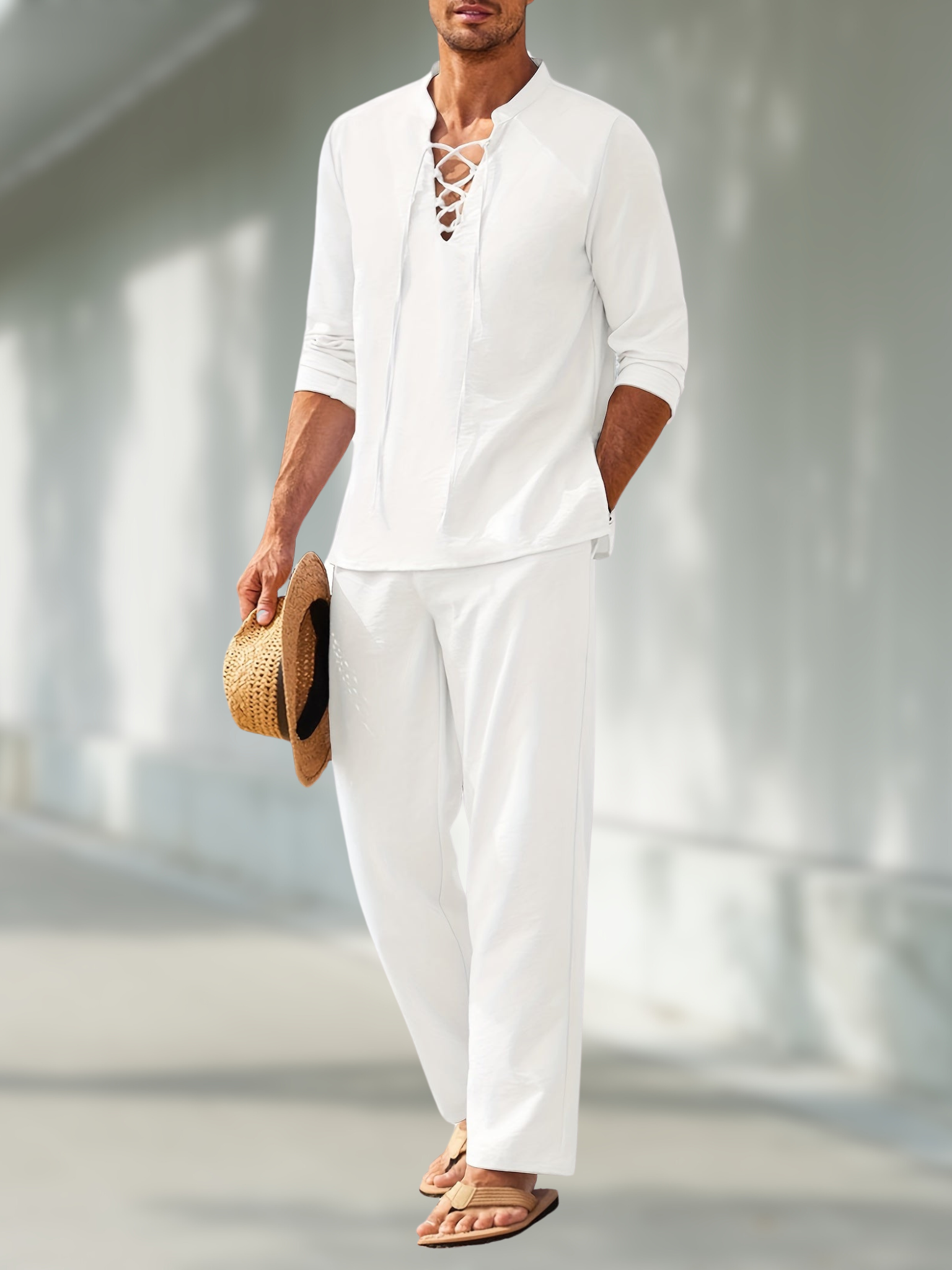 Men's Casual Two-Piece Set with Long Sleeves and Lace-Up V-Neck