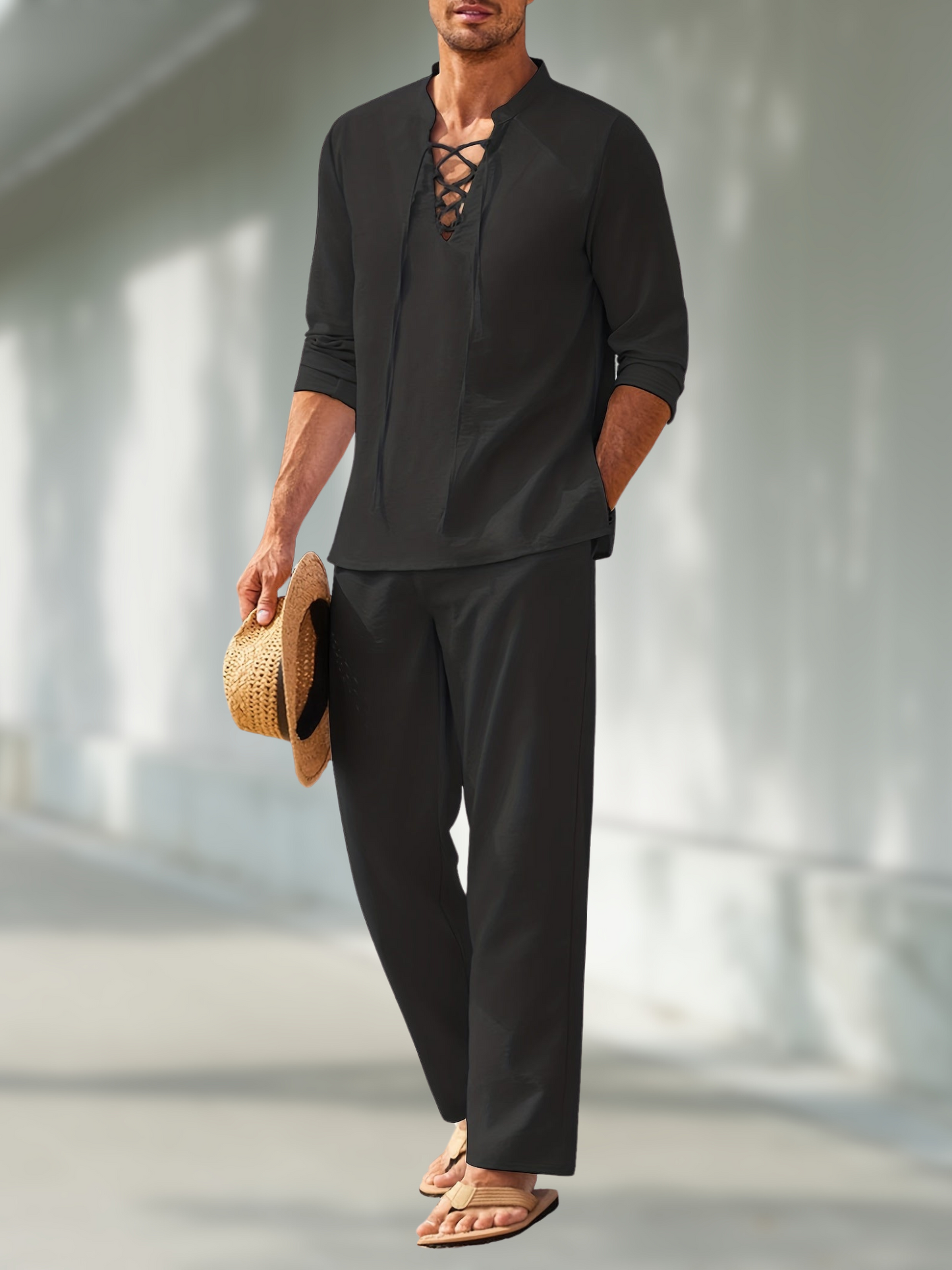 Men's Casual Two-Piece Set with Long Sleeves and Lace-Up V-Neck