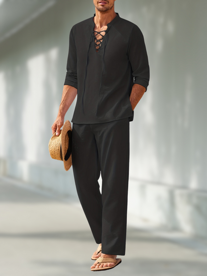 Men's Casual Two-Piece Set with Long Sleeves and Lace-Up V-Neck