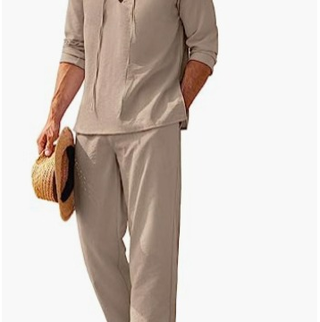 Men's Casual Two-Piece Set with Long Sleeves and Lace-Up V-Neck