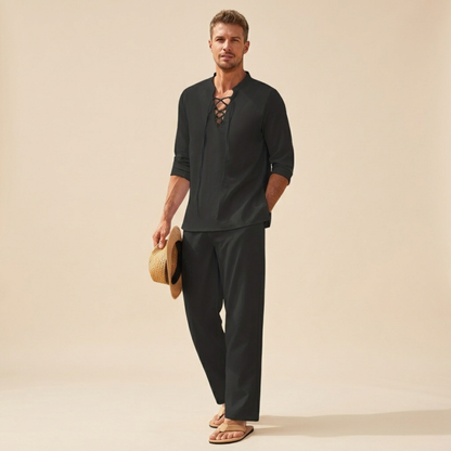 Men's Casual Two-Piece Set with Long Sleeves and Lace-Up V-Neck
