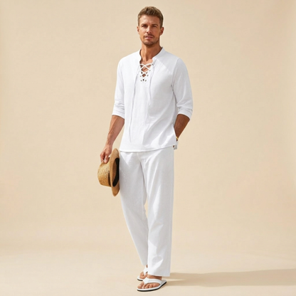 Men's Casual Two-Piece Set with Long Sleeves and Lace-Up V-Neck