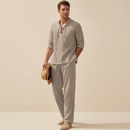 Men's Casual Two-Piece Set with Long Sleeves and Lace-Up V-Neck