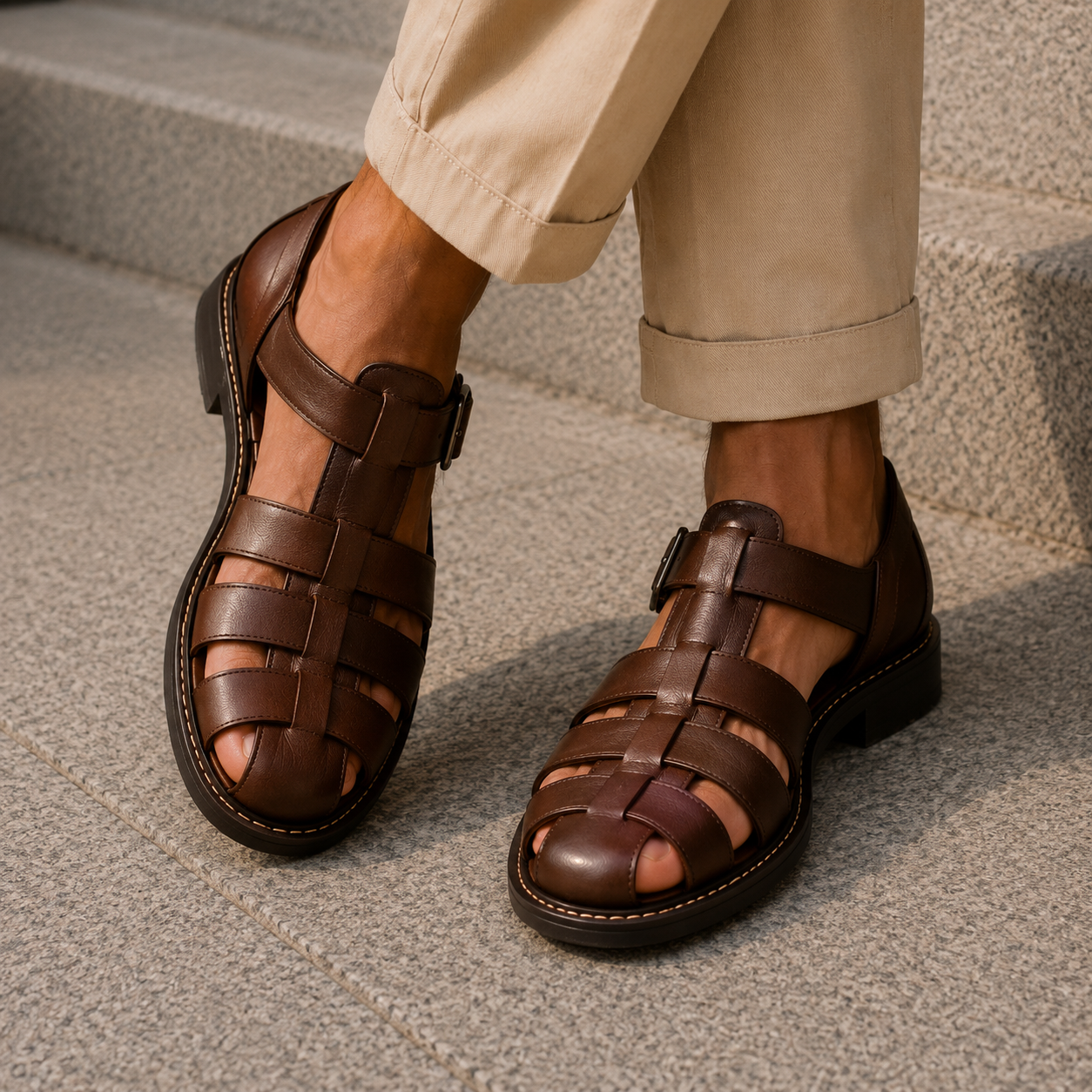 Men's Closed-Toe Fisherman Sandals with Woven Straps and Buckle