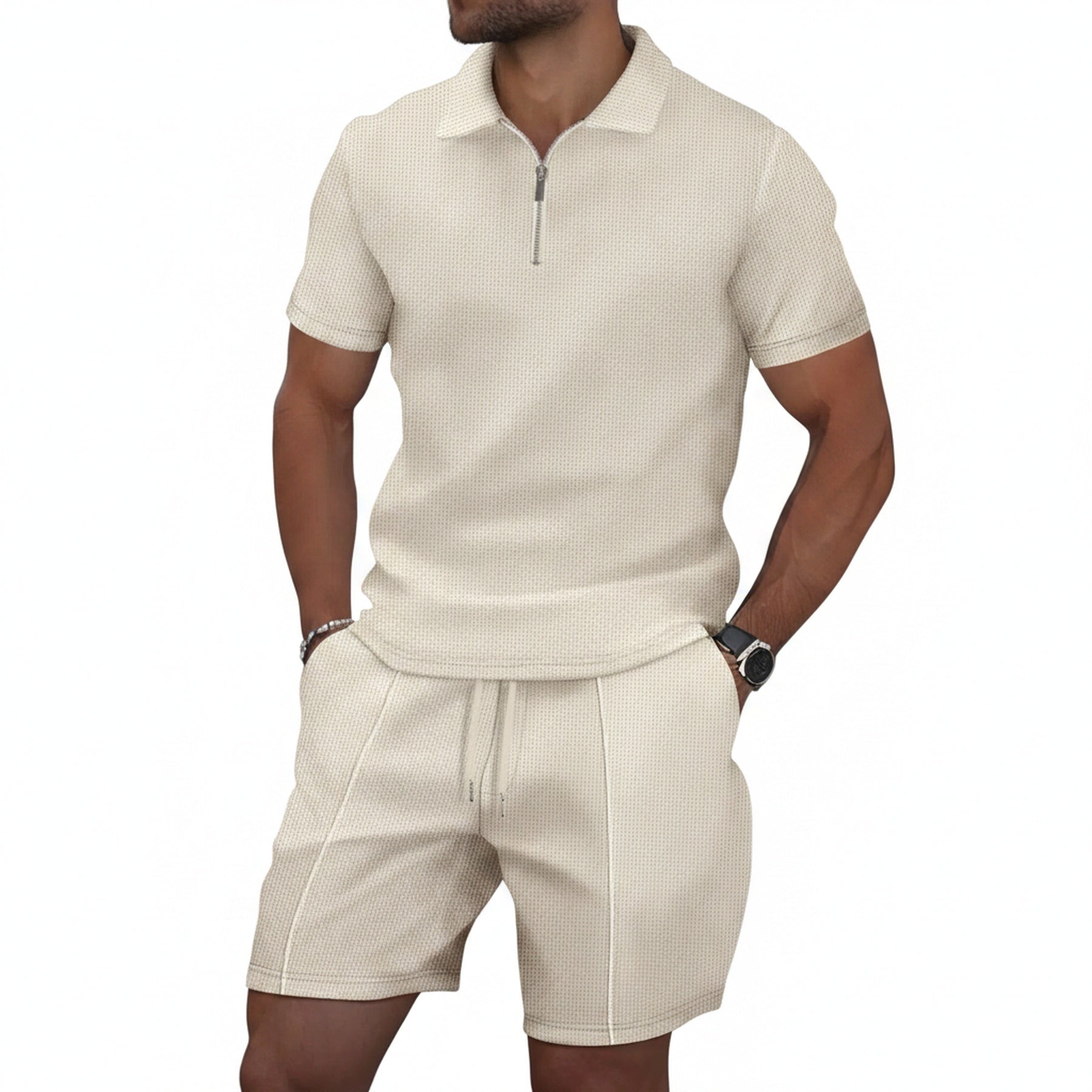 Men's Clothing Set Short Sleeve Polo with Zip Collar and Shorts