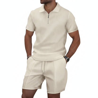 Men's Clothing Set Short Sleeve Polo with Zip Collar and Shorts