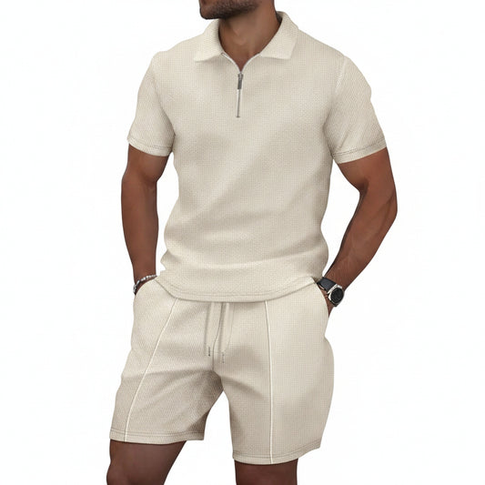 Men's Clothing Set Short Sleeve Polo with Zip Collar and Shorts
