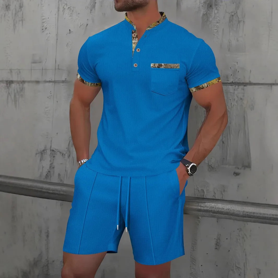 Men's Clothing Set Short Sleeve Polo with Zip Collar and Shorts