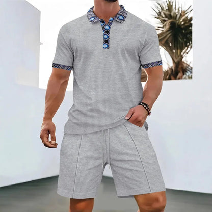 Men's Clothing Set Short Sleeve Polo with Zip Collar and Shorts