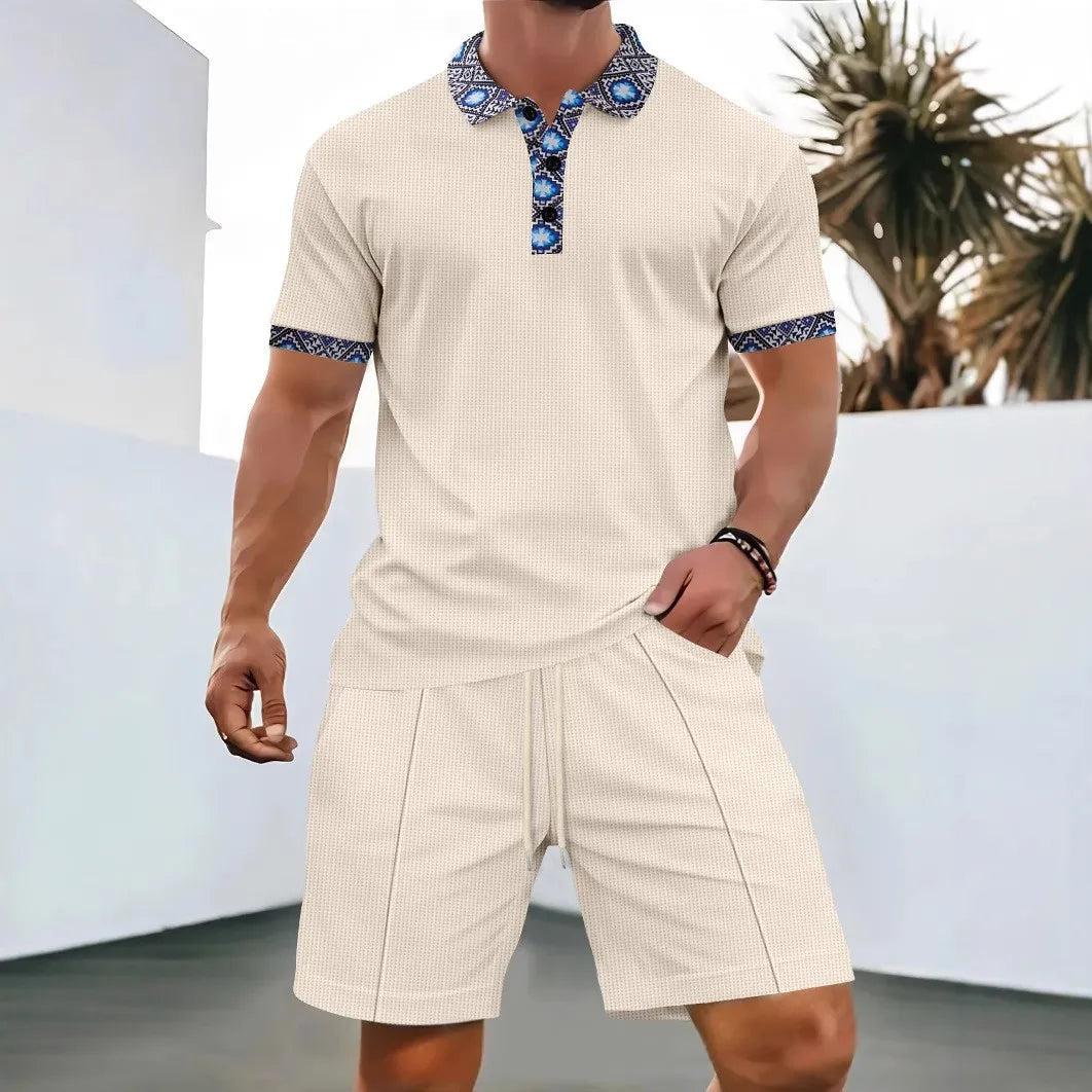 Men's Clothing Set Short Sleeve Polo with Zip Collar and Shorts