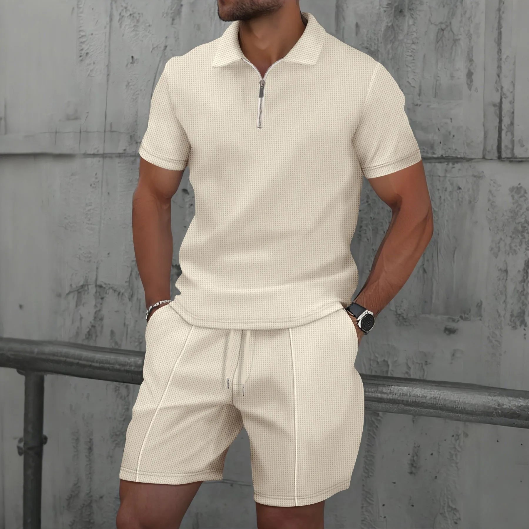 Men's Clothing Set Short Sleeve Polo with Zip Collar and Shorts