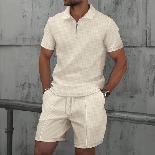 Men's Clothing Set Short Sleeve Polo with Zip Collar and Shorts