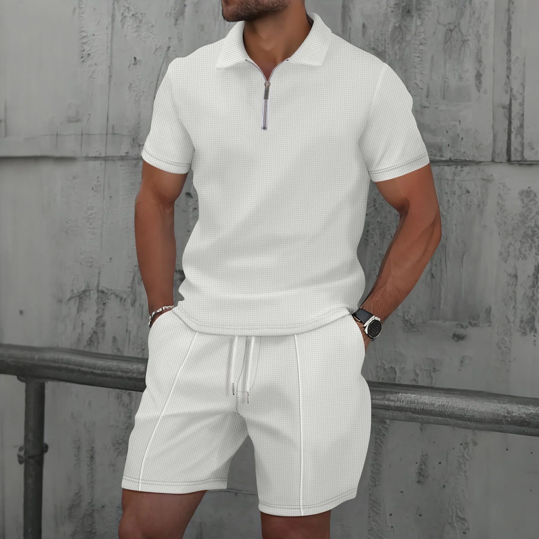 Men's Clothing Set Short Sleeve Polo with Zip Collar and Shorts