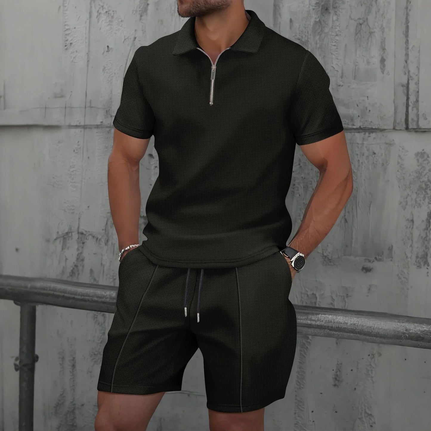 Men's Clothing Set Short Sleeve Polo with Zip Collar and Shorts