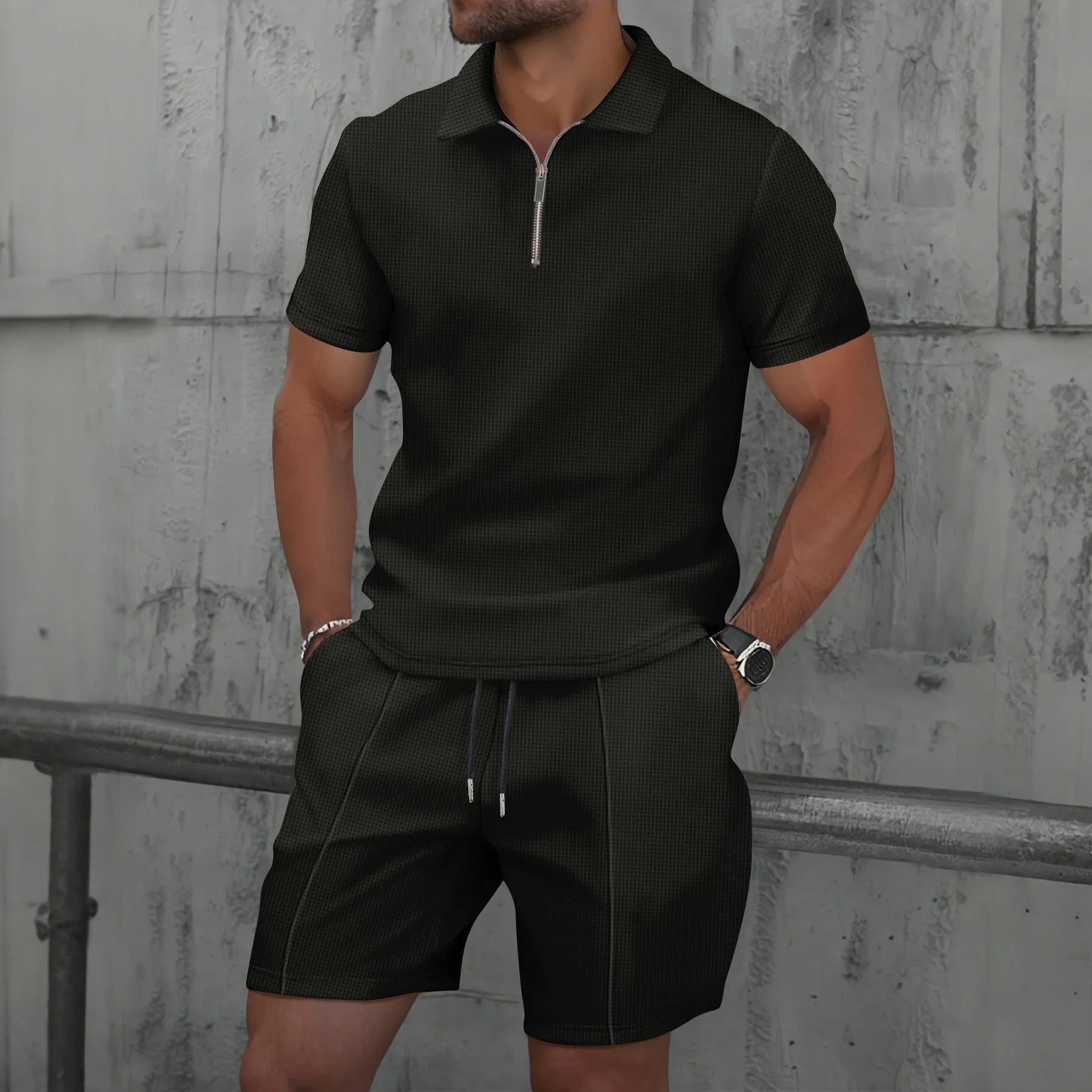 Men's Clothing Set Short Sleeve Polo with Zip Collar and Shorts