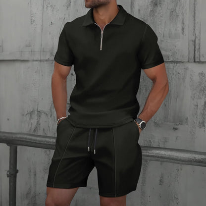 Men's Clothing Set Short Sleeve Polo with Zip Collar and Shorts