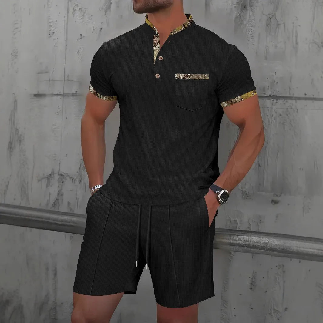 Men's Clothing Set Short Sleeve Polo with Zip Collar and Shorts