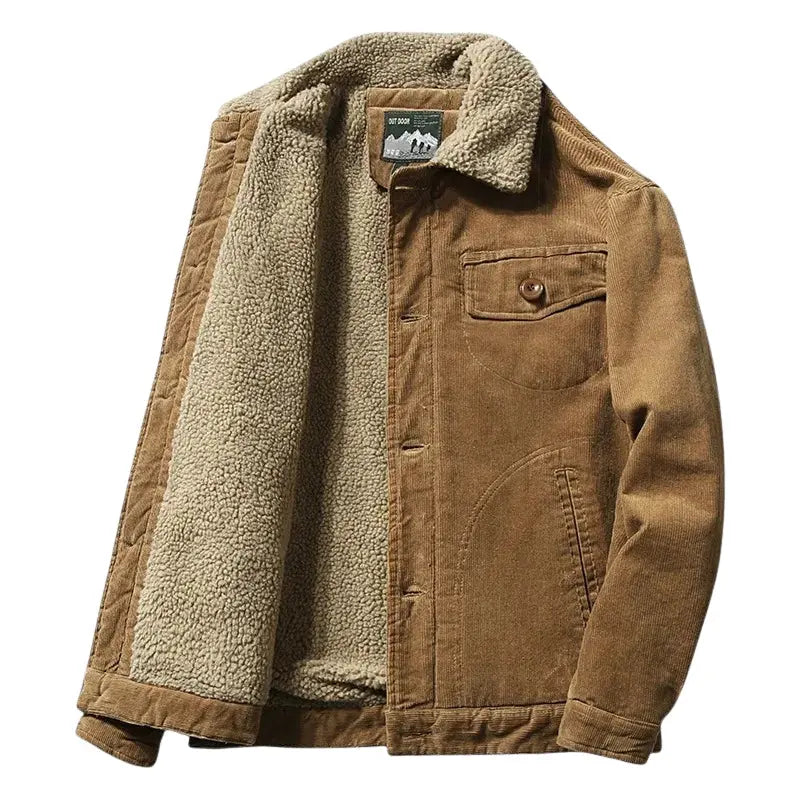 Men's Corduroy Trucker Jacket with Sherpa Lining and Button Closure