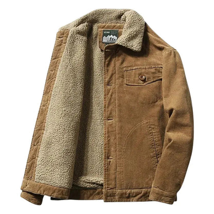 Men's Corduroy Trucker Jacket with Sherpa Lining and Button Closure