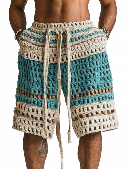Men's Crochet Shorts with Drawstring Waist and Side Pockets