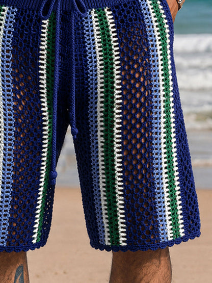 Men's Crochet Shorts with Drawstring Waist and Side Pockets