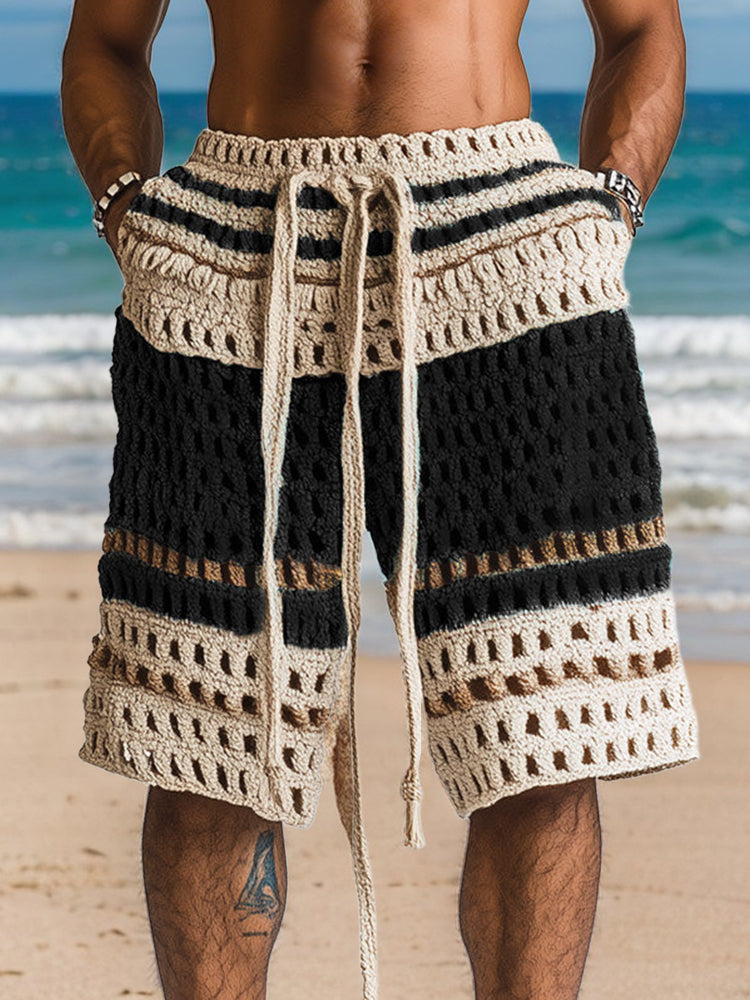 Men's Crochet Shorts with Drawstring Waist and Side Pockets