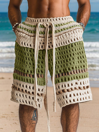 Men's Crochet Shorts with Drawstring Waist and Side Pockets