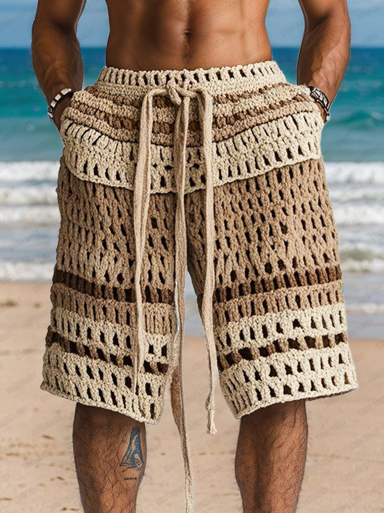 Men's Crochet Shorts with Drawstring Waist and Side Pockets
