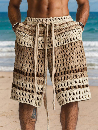 Men's Crochet Shorts with Drawstring Waist and Side Pockets