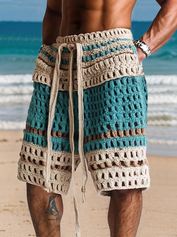 Men's Crochet Shorts with Drawstring Waist and Side Pockets