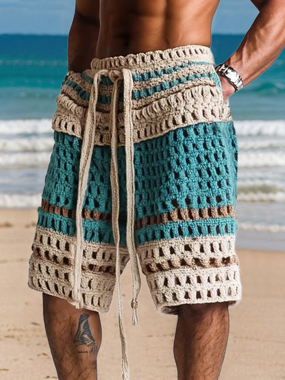 Men's Crochet Shorts with Drawstring Waist and Side Pockets