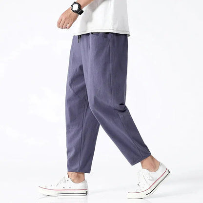 Men's Cropped Tapered Trousers with Drawstring Waist and Relaxed Fit