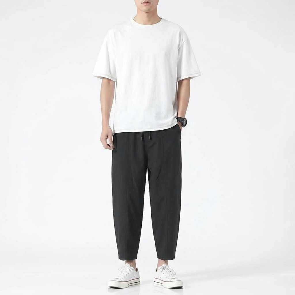 Men's Cropped Tapered Trousers with Drawstring Waist and Relaxed Fit