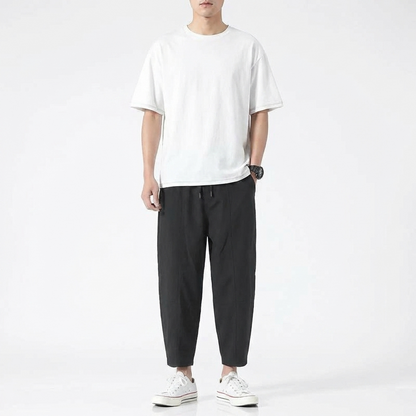 Men's Cropped Tapered Trousers with Drawstring Waist and Relaxed Fit