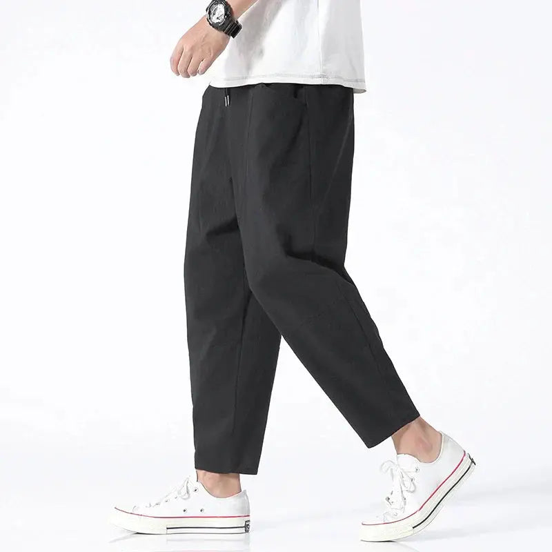 Men's Cropped Tapered Trousers with Drawstring Waist and Relaxed Fit