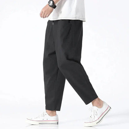 Men's Cropped Tapered Trousers with Drawstring Waist and Relaxed Fit