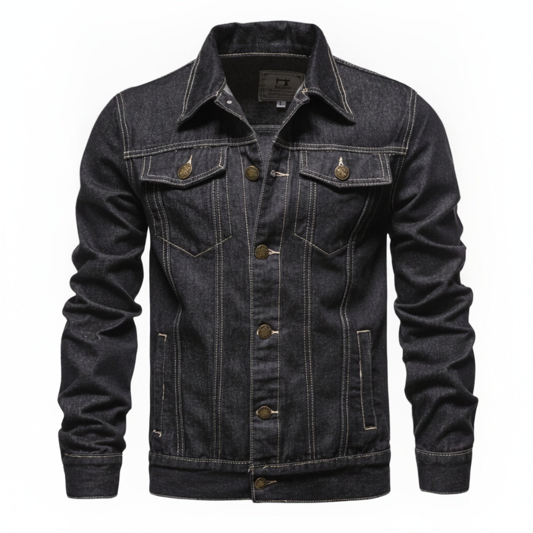 Men's Denim Jacket Slim Fit with Spread Collar and Button Closure