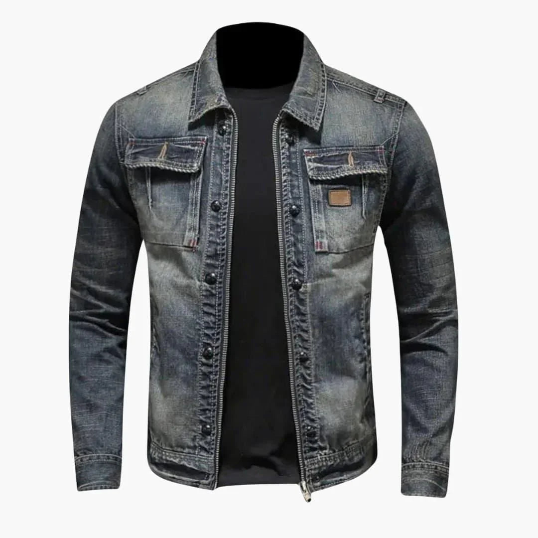 Men's Denim Jacket Vintage Washed with Zip Closure and Chest Pockets