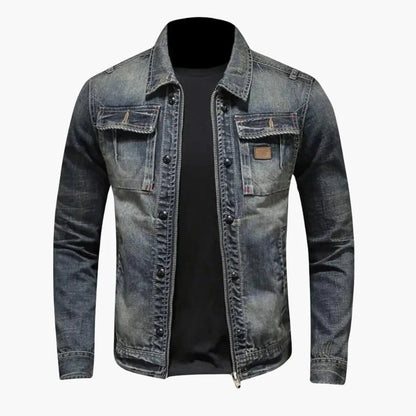Men's Denim Jacket Vintage Washed with Zip Closure and Chest Pockets