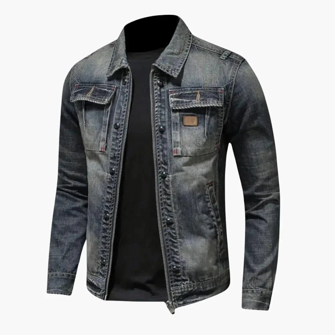 Men's Denim Jacket Vintage Washed with Zip Closure and Chest Pockets