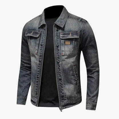 Men's Denim Jacket Vintage Washed with Zip Closure and Chest Pockets
