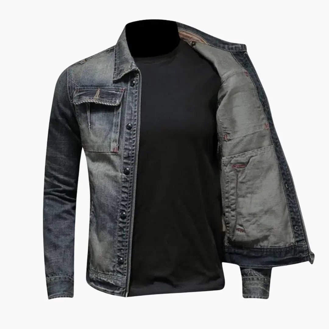 Men's Denim Jacket Vintage Washed with Zip Closure and Chest Pockets