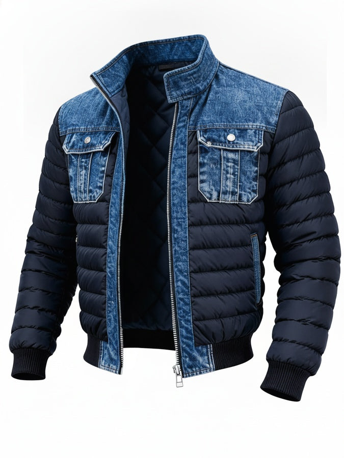 Men's Denim Puffer Jacket with Stand Collar and Zip Closure