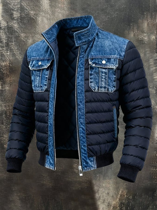 Men's Denim Puffer Jacket with Stand Collar and Zip Closure